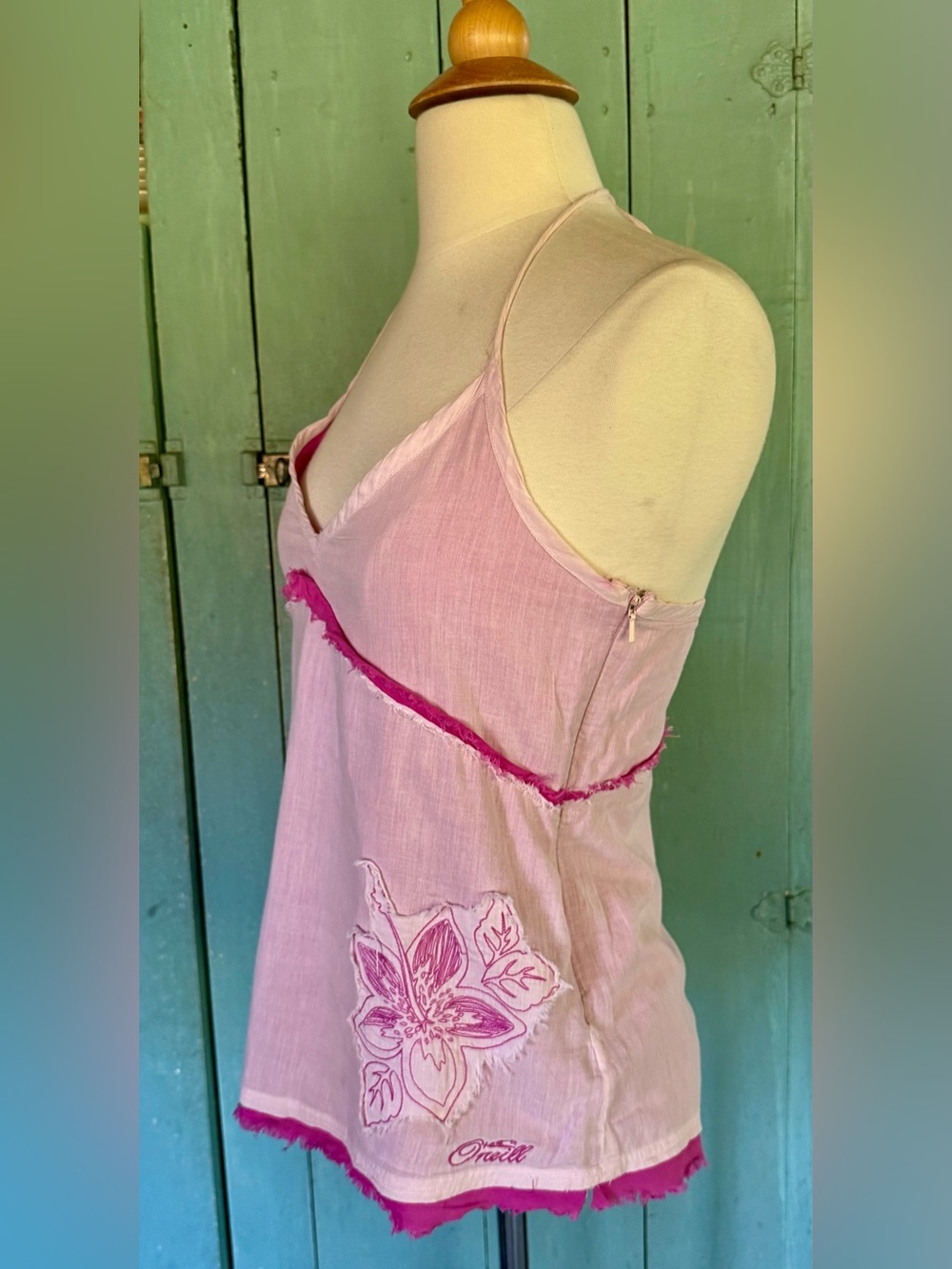 SOLD!! O'Neill Tank Top L Pink Embroidery Patches Floral Boho Halter Beachy L - Picture 8 of 12